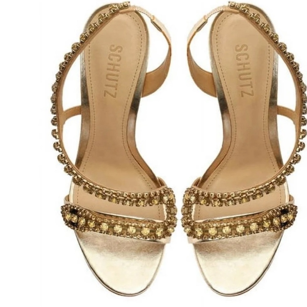 SCHUTZ Court Gold Jewel-Embellished Slingback Heels